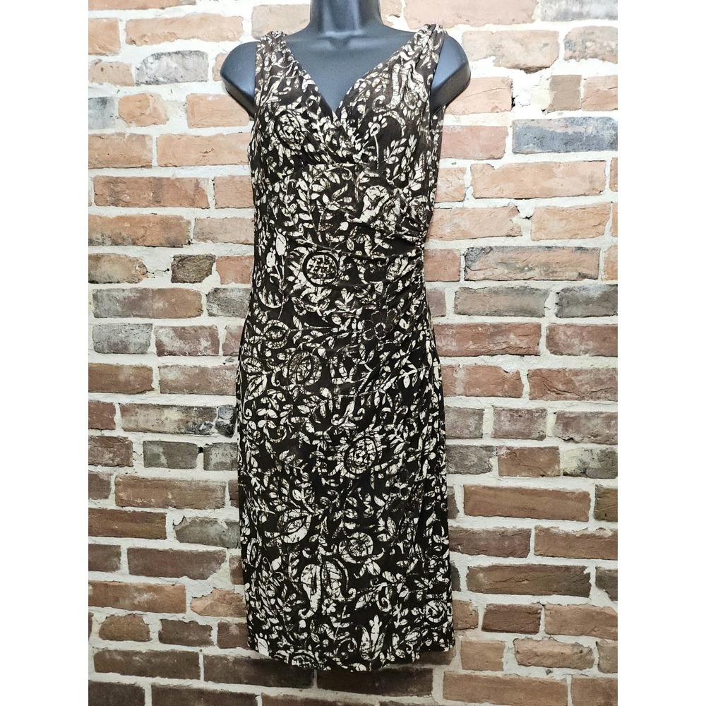 Lauren Ralph Lauren Dress Womens Sz 2 Faux Wrap Brown Batik Capetown Jersey Midi